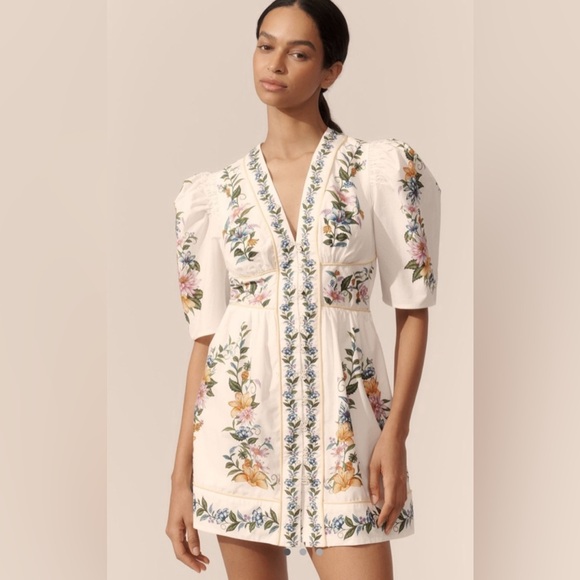 Farm Rio Sweet Bloom Dreamscape Puff-Sleeve Mini Dress - Picture 1 of 11